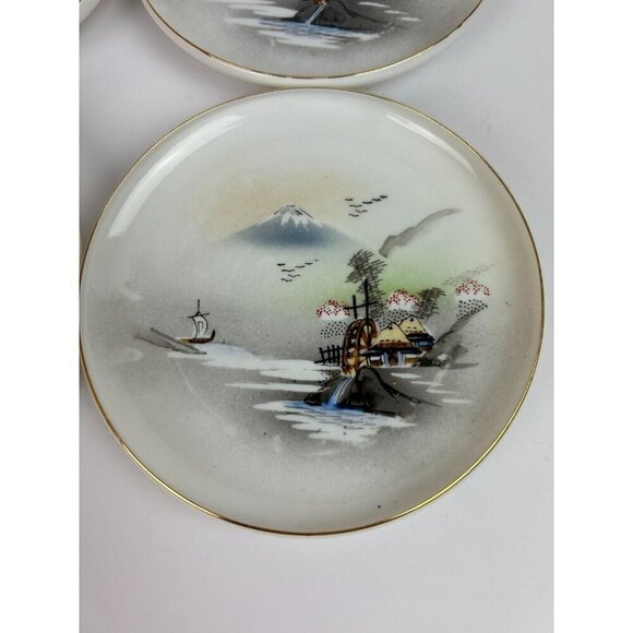Japanese Kutani Porcelain Meiji 1850s Artwork Set of 6 Saucers Gold Rim RARE - Picture 2 of 8